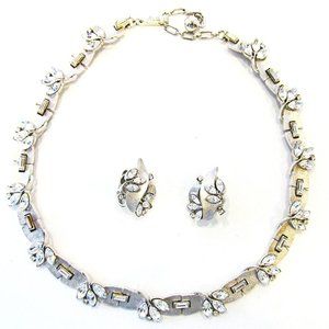 Vintage 1950s Crown Trifari Designer Floral Rhinestone Set